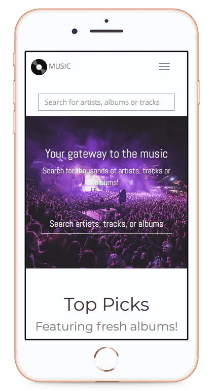 Phone displaying All The Music homepage
