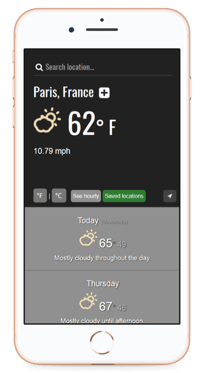 Phone displaying weather in Paris, France